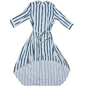 Everlily Linen‎ High Low Tie Waist Stripe Shirt Dress L Preppy Nautical Coastal